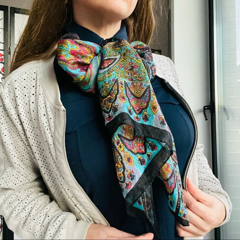 Vintage Genuine Silk Paisley Rainbow Rolled Hem Long Rectangular Women Men Scarf